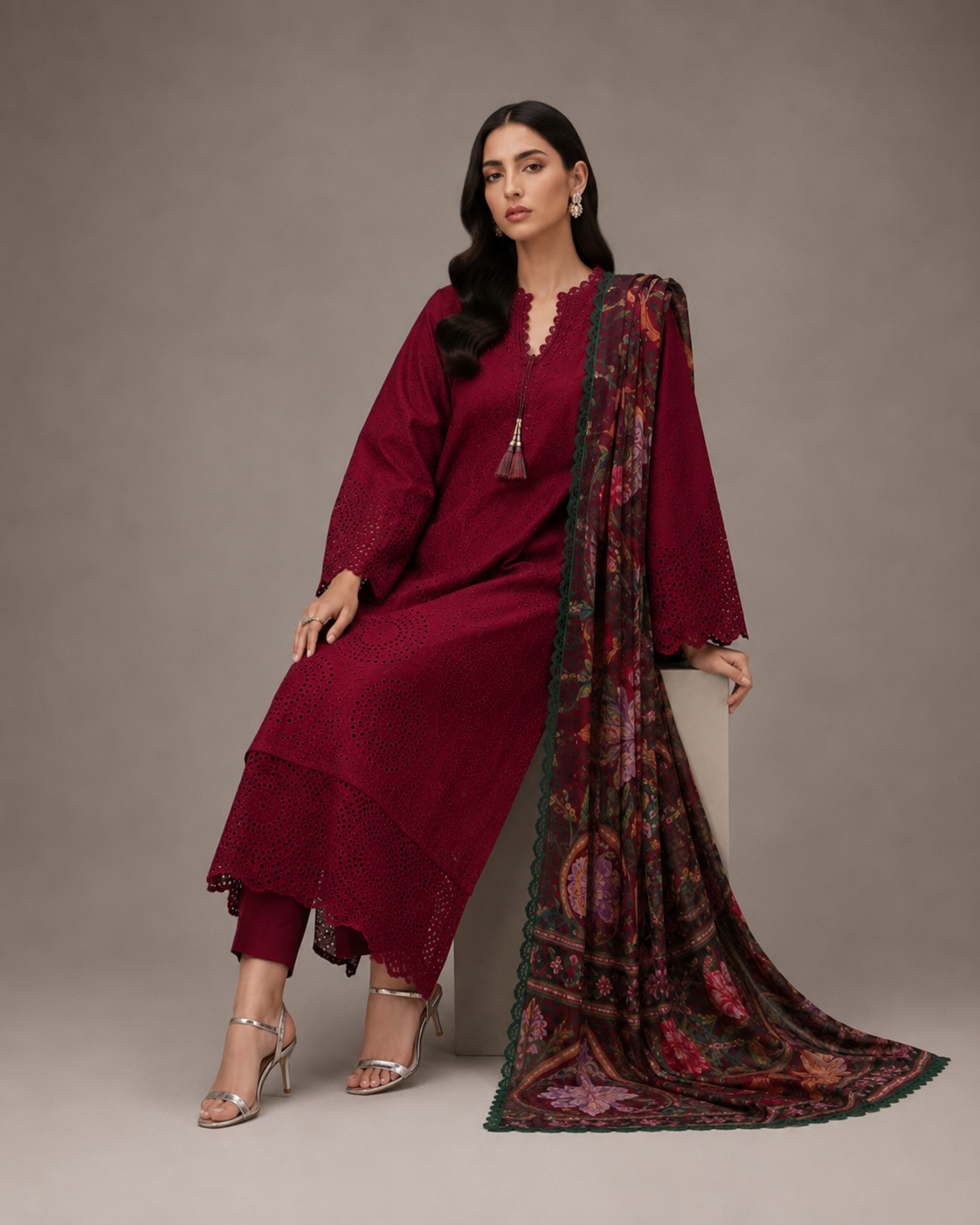 Wine Rose Embroidered 3pc